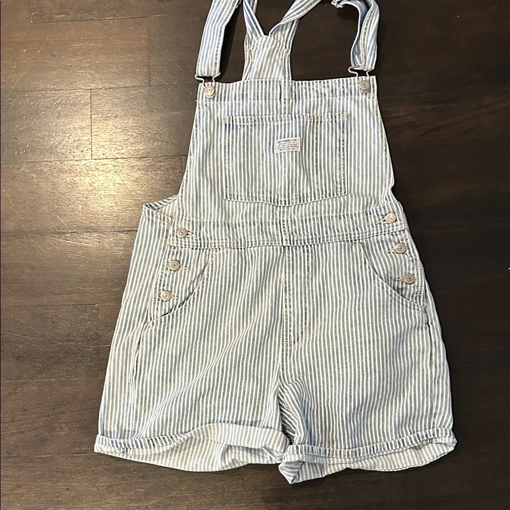 Levi's Blue and White Striped Denim Short Overalls